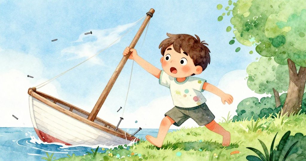 米羅驚訝地目睹風勢將船桅掀倒,釘子四散飛舞,情緒在驚嚇與堅定中瞬息轉換。