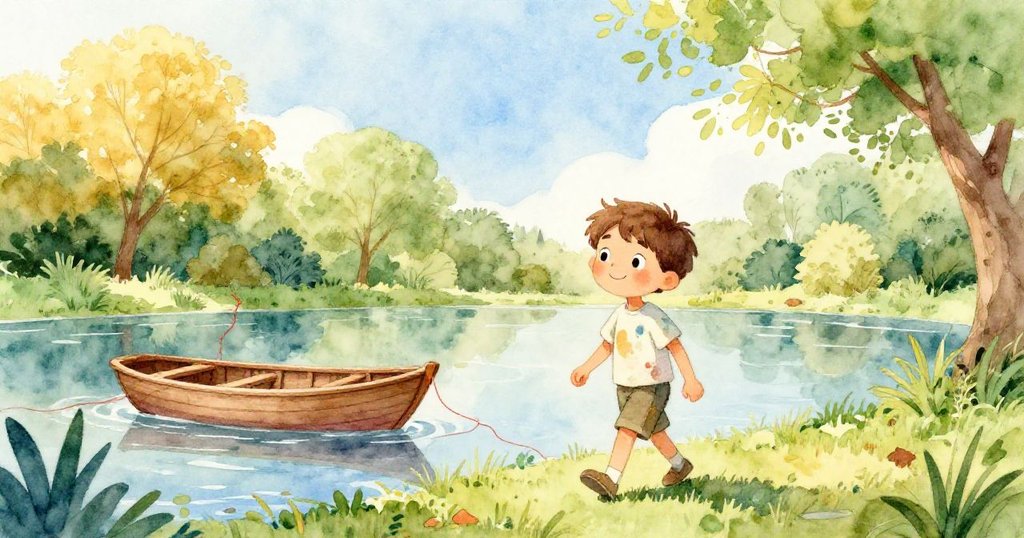 米羅滿懷喜悅地走向寧靜池塘,船隨樹枝穩立,紅風箏線若隱若現,展現冒險實驗圓滿成功。