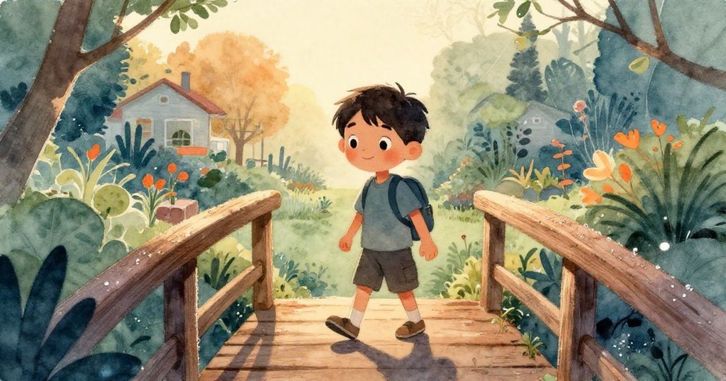 凱穿越有露珠閃爍的木橋，邁向生機勃勃的社區花園，背包隨步伐擺動，展現期待與冒險。