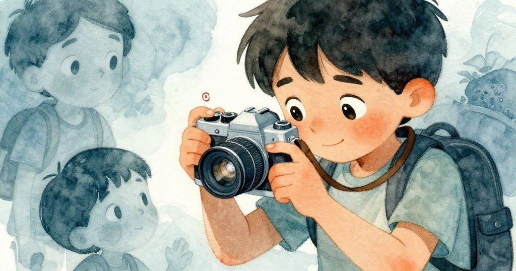 凱近距離凝視手中相機，紅色電池圖示閃爍，他面露專注與一絲憂慮，流露出堅定探索心情。