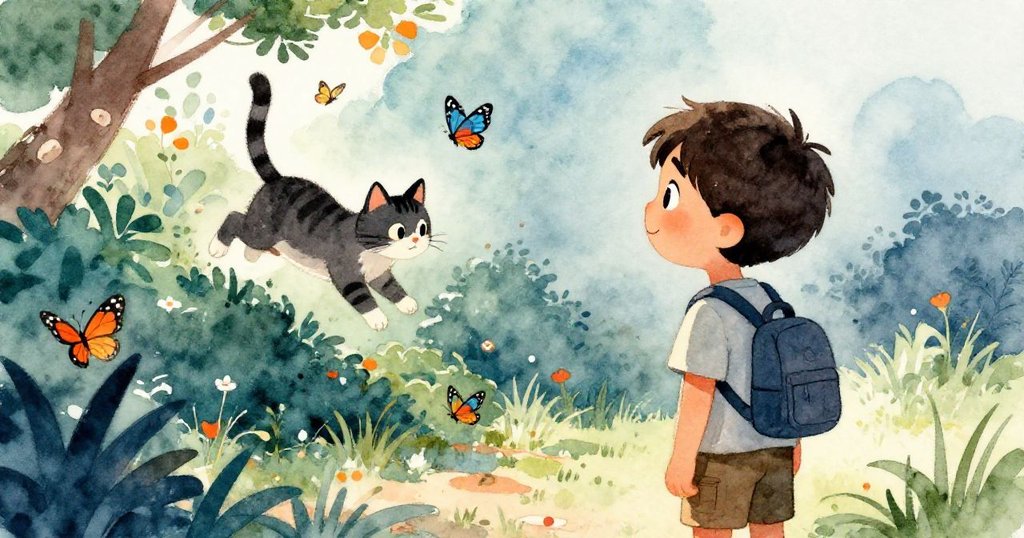 凱從背後望向前方，見野貓從樹叢中躍出，彩蝶紛飛，庭園瞬間充滿驚喜與活力。