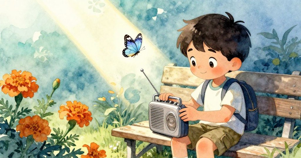凱在陽光下的長椅旁發現舊收音機，金光映照下，銀藍蝶輕巧降臨於其上，營造出詩意的花園畫面。