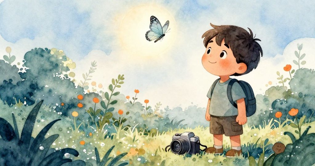 凱面帶滿足微笑注視著銀藍蝶振翅升空，草上相機靜臥，溫柔光影中傳遞著冒險結束的恬靜與喜悅。