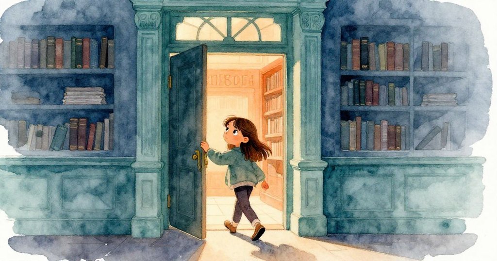 米拉站在微開的圖書館入口前，踏入充滿歷史氣息的建築，臉上流露出決心與期待，柔和光線映照周圍。