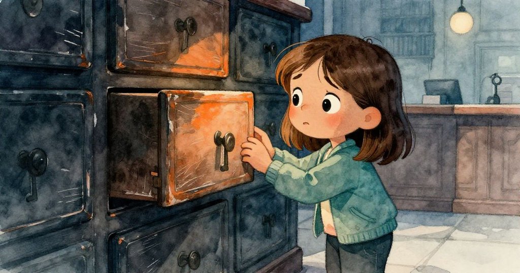 米拉仔細檢查刻滿刮痕的空抽屜，神情中透出失望與好奇，昏黃光線突顯物件歷史與細節。