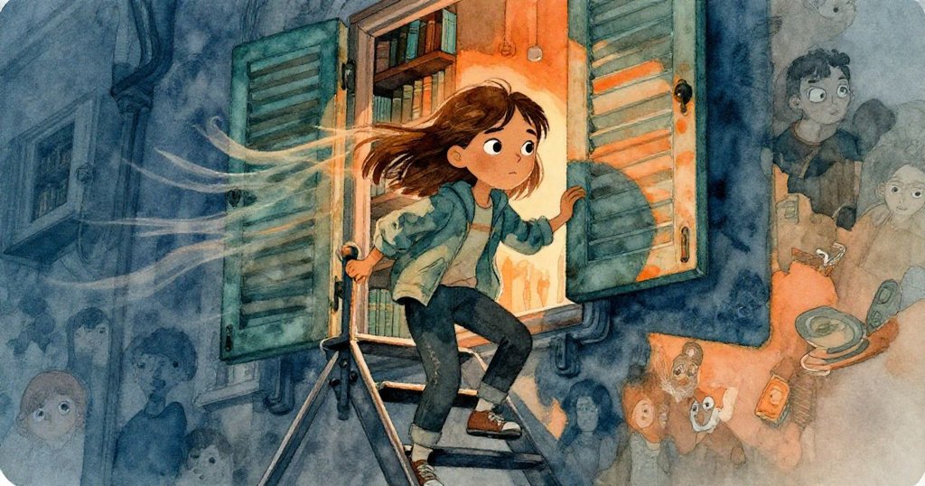 米拉攀爬狹窄鐵梯，背後窗扇隨風搖曳，臉上流露著疑惑與堅定，光影交錯呈現故事轉折。