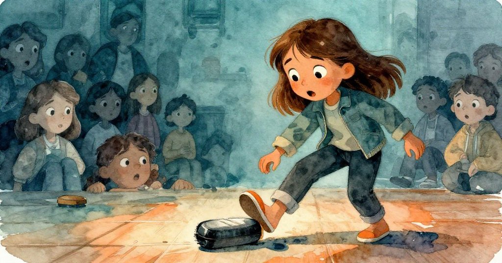 米拉被滾動的書車輕刷腳踝，書本在木地板上滑動，她瞬間露出驚訝與困惑神情，動態情境鮮明。