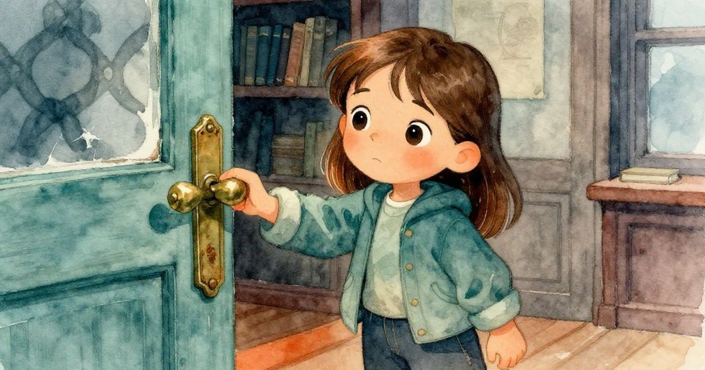 米拉正注視著被撞動後微開的閱讀室門，輕輕觸碰銅製把手，瞬間展現出緊張與期待的情緒，細節豐富。