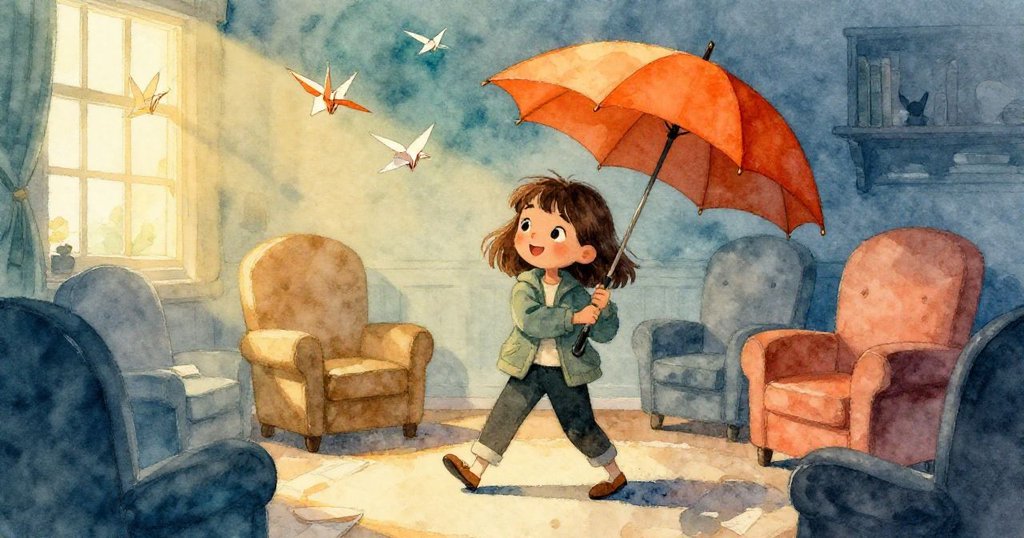 米拉在溫暖的閱讀室內拿起亮色雨傘，扶手椅邊紙鶴輕舞，臉上滿是安心喜悅，場景充滿圓滿與溫馨。