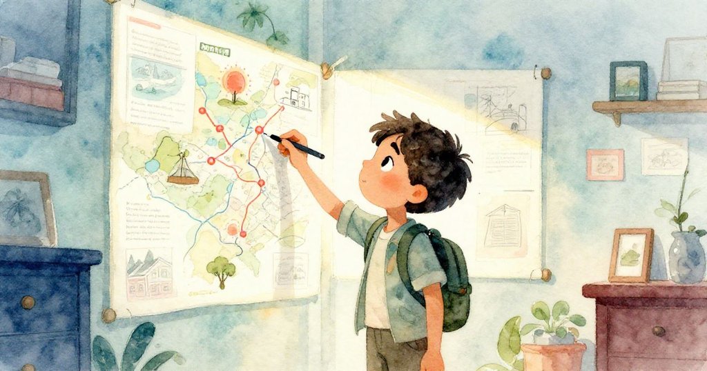 劉易斯在充滿地圖與草圖的房間牆前用筆作記，他眼帶期待準備展開冒險之旅。