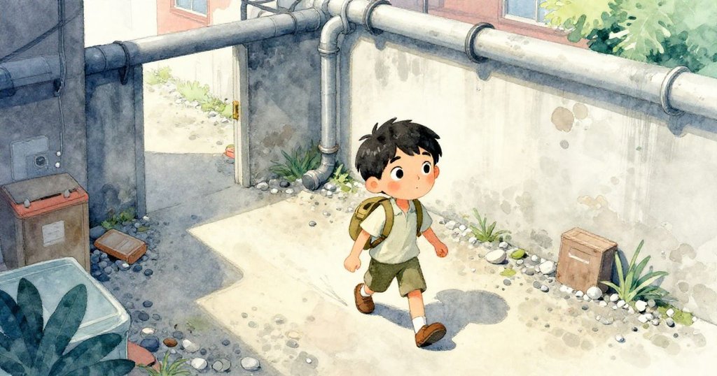 高角度俯視劉易斯穿過服務庭院，鞋下碎石飛揚，灰牆與管道映入眼簾，他神情堅定迎向未知。