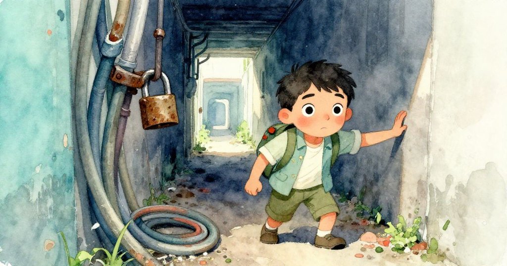 劉易斯在塵埃瀰漫的走廊中，袖子被生鏽鎖扣勾住，他小心穿過糾結水管，表情透露驚訝與堅定。