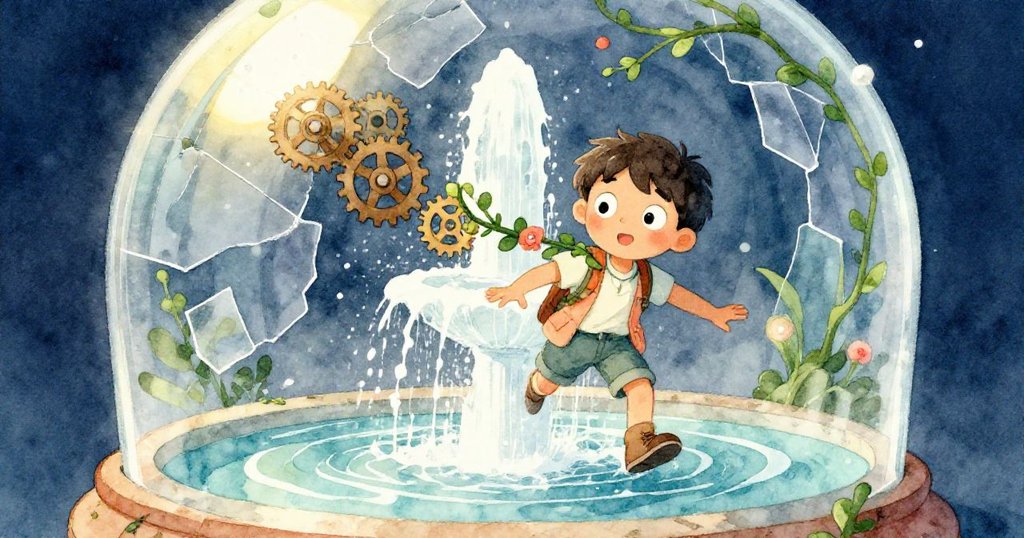 劉易斯在玻璃穹頂內環繞噴泉奔跑，藤蔓輕觸肩膀引起齒輪滾落，神情驚訝與緊張，動感十足。