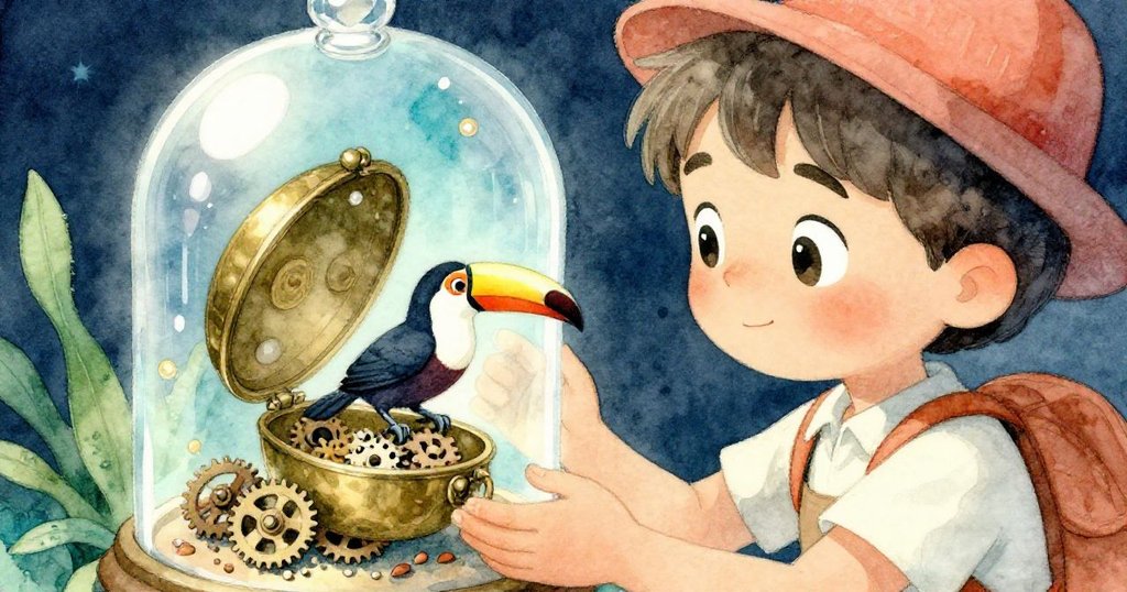 劉易斯小心捧起精緻的黃銅巨嘴鳥，齒輪如種子般灑落，臉上滿是驚奇與滿足，揭秘秘密終章。