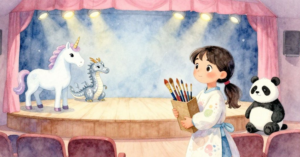 米拉提著高大畫刷進入寧靜禮堂，背景隱約呈現獨角獸、龍和熊貓，氛圍充滿期待與神秘。