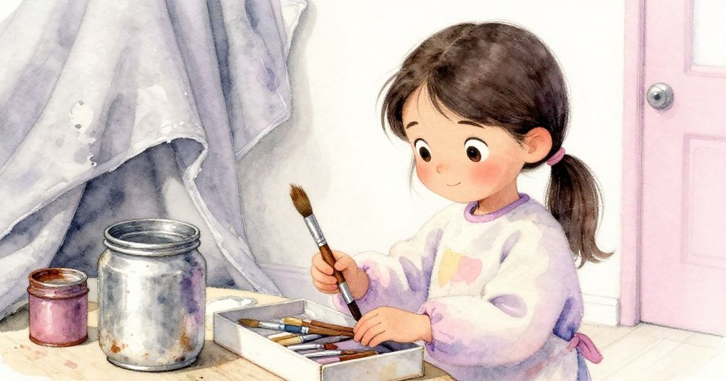 米拉在禮堂內打開畫刷盒，仔細檢查工具與乾涸銀瓶，細節呈現老舊顏料盒與塵封場景。