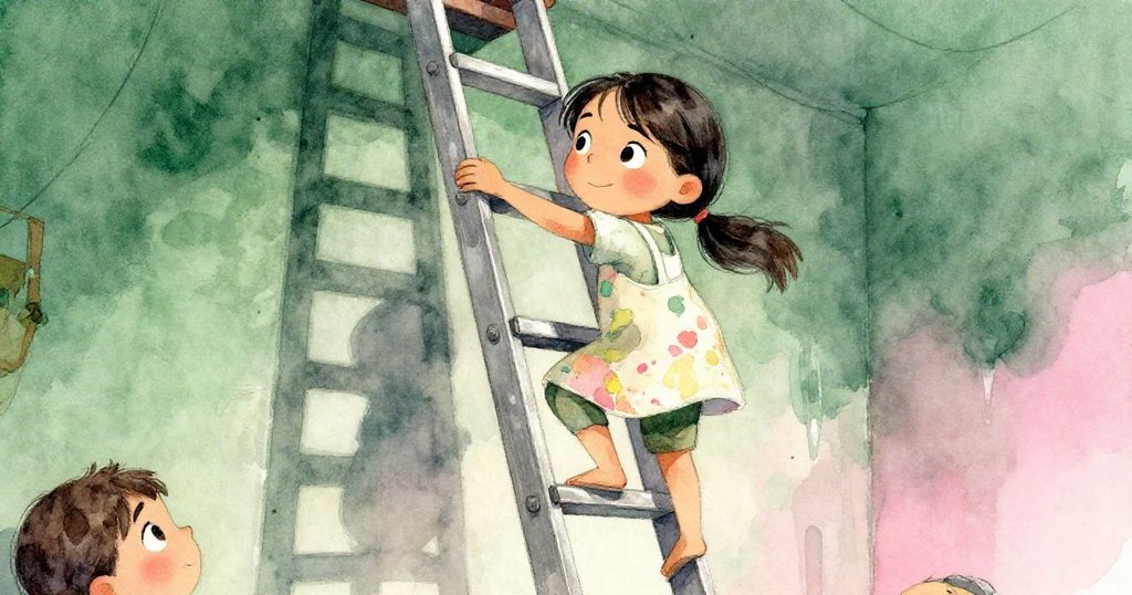 米拉勇敢攀爬舞台旁老舊梯子，低角度顯示她堅定又略帶憂慮表情，腳下步梯隱現破舊搖晃。