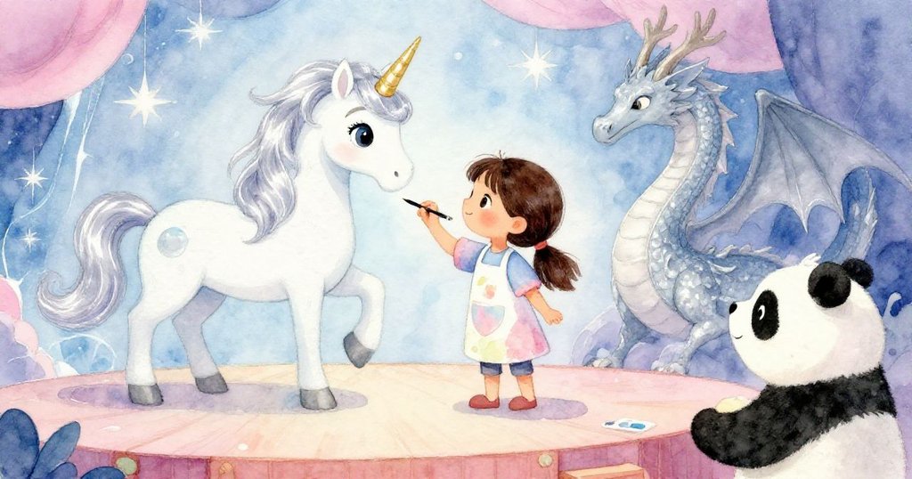 從高處看舞台，米拉揮灑畫筆修補獨角獸鬃毛與龍尾，熊貓靜觀畫面，呈現魔法修復進程。