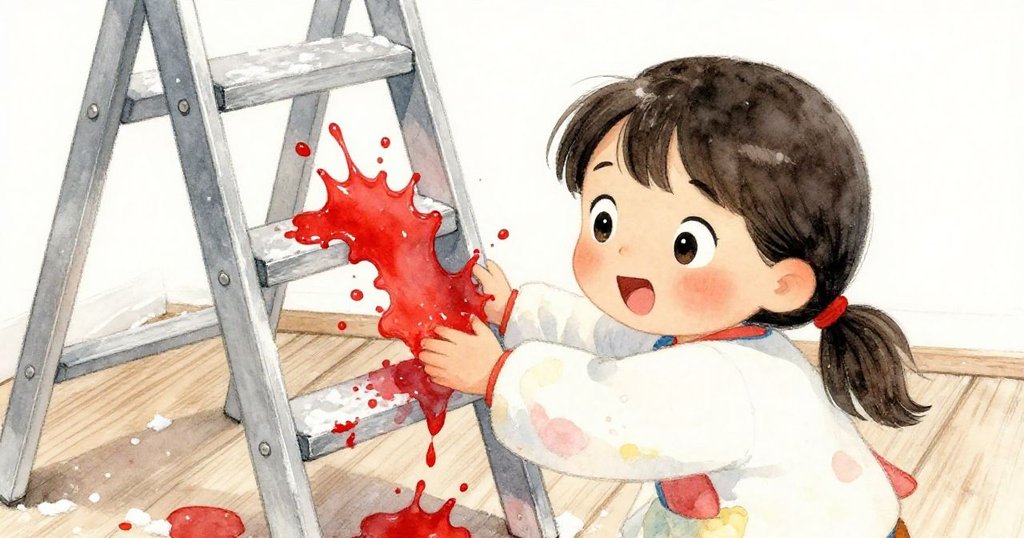 米拉梯上意外頓步，鮮紅油漆濺落木板，臉上驚愕與急切情感明顯，瞬間定格動作。