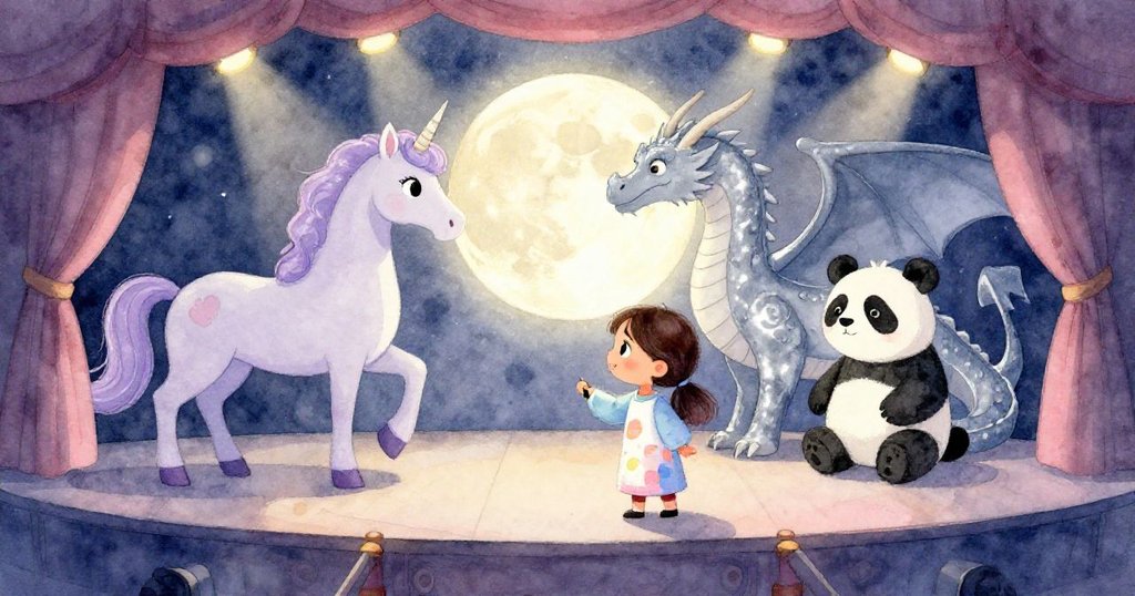 最終舞台平面恢復，獨角獸、龍與熊貓間意外浮現明亮月亮，米拉駐足欣賞，畫面寧靜充滿驚喜。