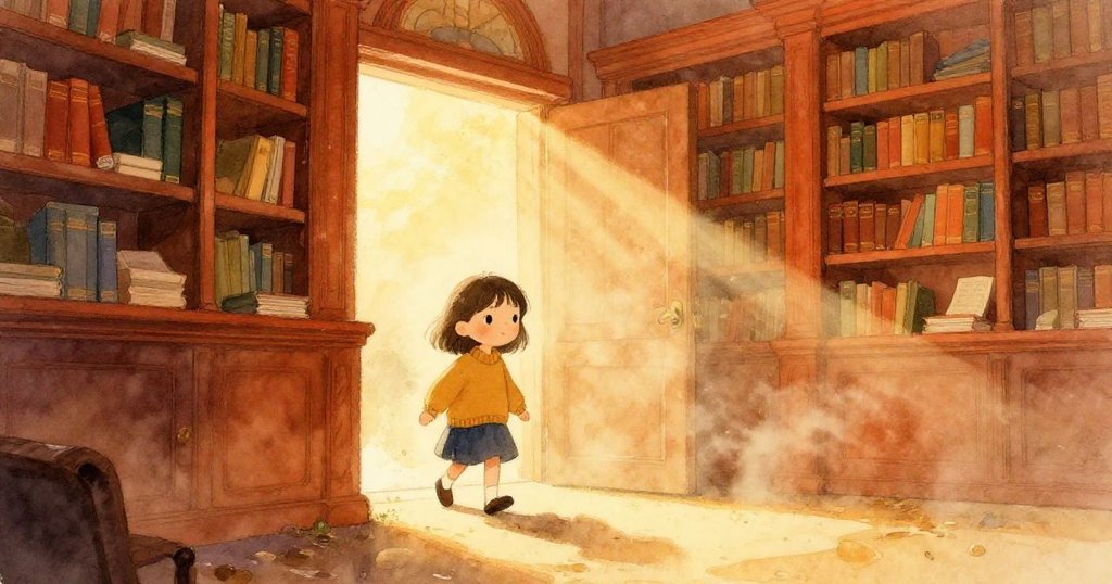 Mila 步入圖書館，眼神充滿好奇，金色晨光灑落石磚與書架，展現探索起始的溫暖氛圍