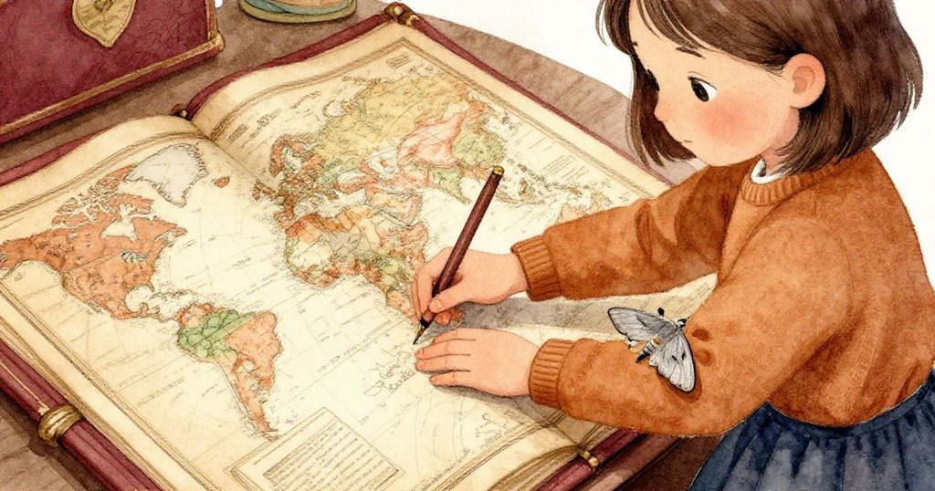 Mila 小心將書籤滑入古老地圖冊，手部細節清晰，灰蛾靜臥袖上，呈現發現瞬間的精緻奇妙