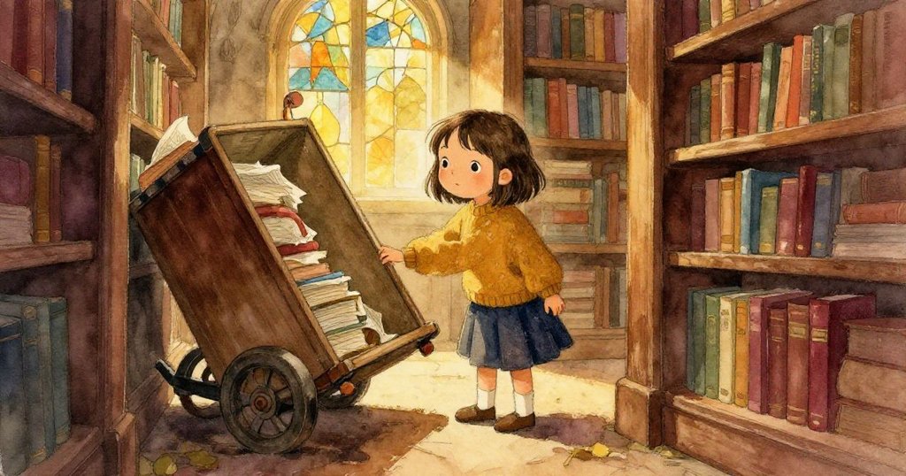 Mila 探索圖書館隱秘角落，透過彩窗光線映照被推翻小推車旁散落雜誌，充滿好奇與溫暖感