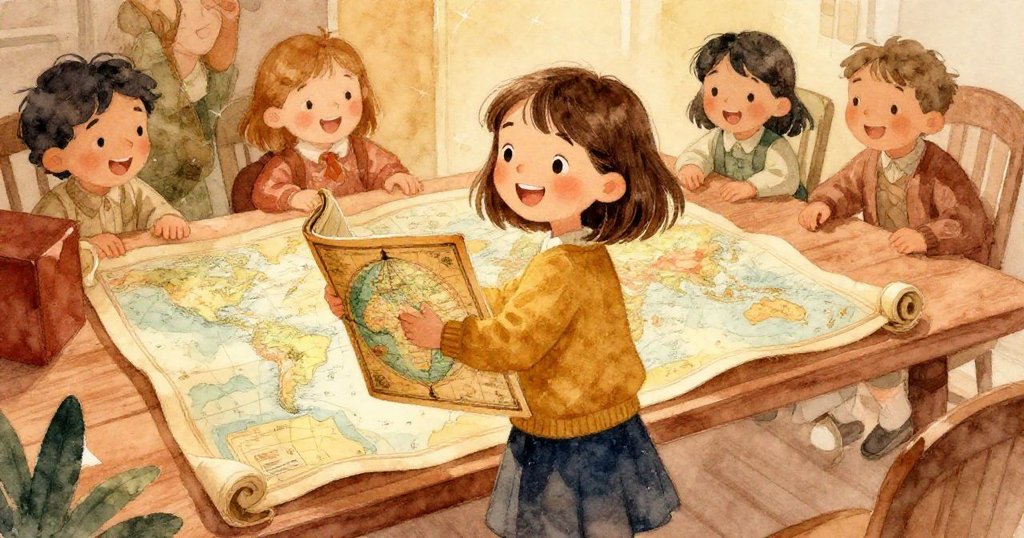 Mila 高興將古老地圖冊帶至大桌上，閱讀燈下摺疊地圖展現成功探索的喜悅與溫暖光芒