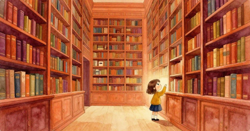 Mila 在廣闊圖書館中顯得渺小卻勇敢，眾多書架與暖光交織出豐富細節，完美呈現探險結局的壯觀場景