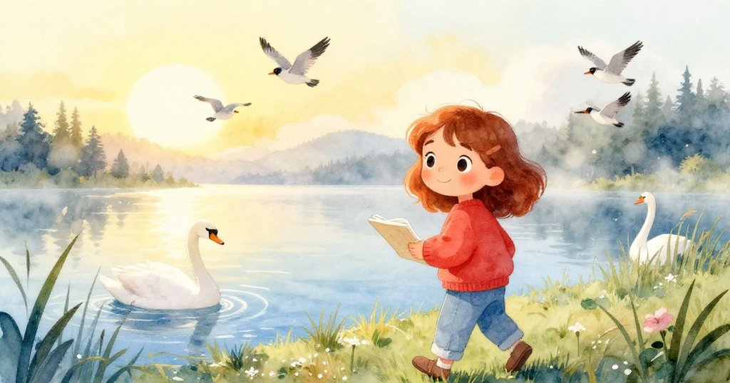 Maia在清晨湖邊踏上露水草地,持著速寫本,周圍鳥群飛舞與天鵝優雅滑行,眼神充滿期待。