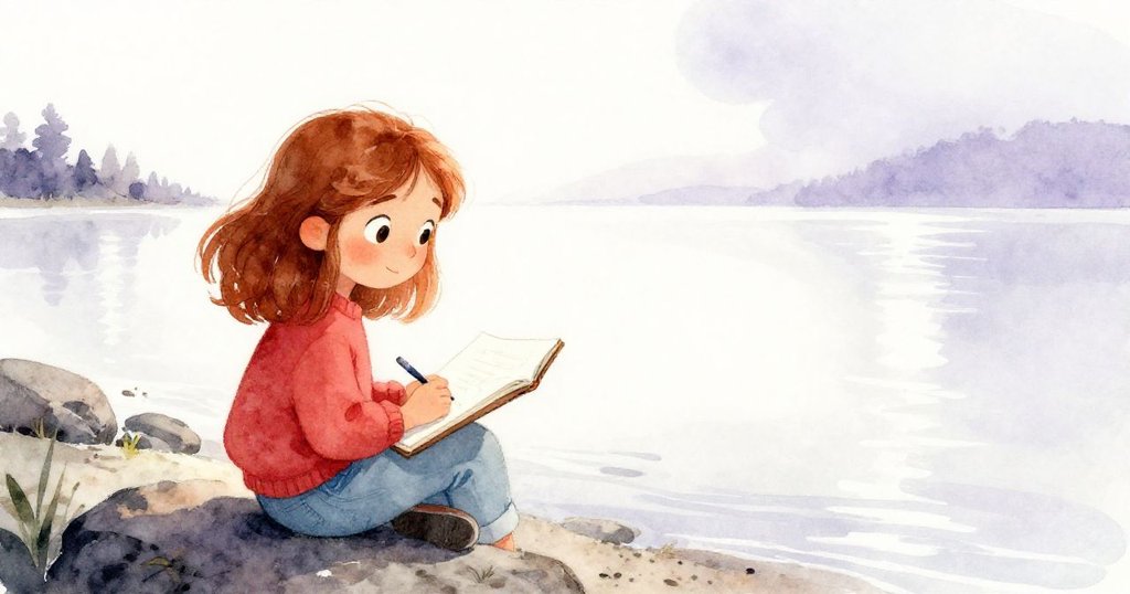 Maia坐在石頭上,打開速寫本靜思,空曠海岸襯托出寂寥氛圍,眼神流露深沉思考。