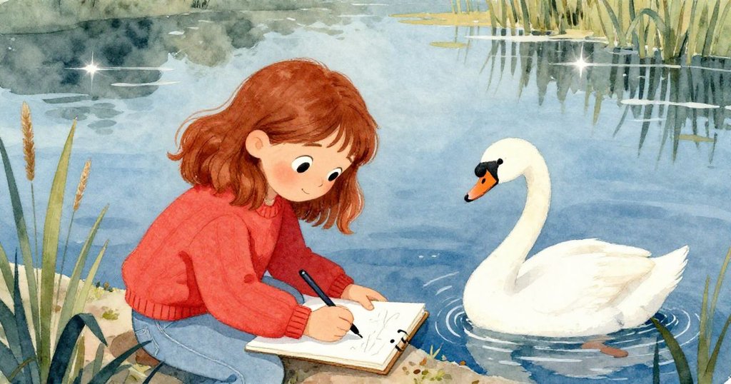 Maia在湖邊專心速寫滑行天鵝,前景是蘆葦與水面層次分明,神情充滿決心與專注。