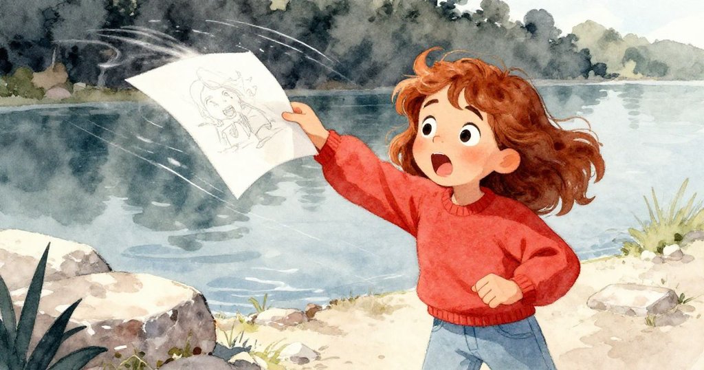 突如其來的風吹起速寫本頁面,Maia伸手制止飄散頁張,神情驚訝中又展現堅決,湖畔風起雲湧。