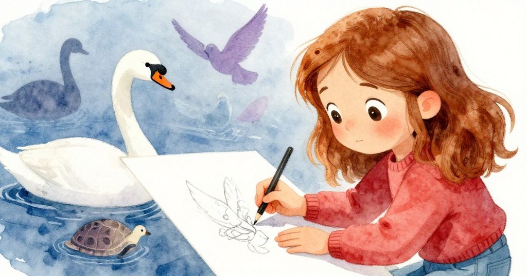 Maia專注地為速寫最後潤飾,水染紙上隱現天鵝與斑鳩剪影,神情堅定流露藝術續章期待。