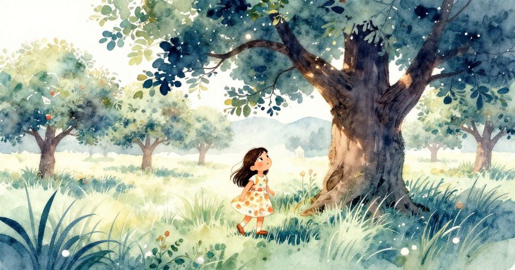 米拉穿越高草迎向古老橡樹，午後陽光溫暖灑落，展現懷舊情懷與滿懷期待的神情，環境廣闊迷人。