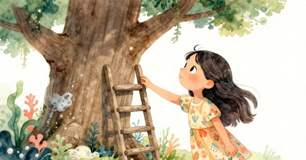 米拉輕觸橡樹粗糙樹皮，樹皮塵飛舞中映出斷缺梯級的破舊梯子，暖光中流露懷古情懷。