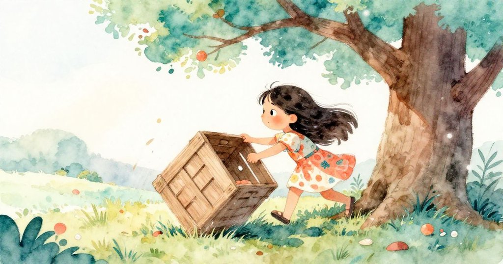 米拉拖動舊箱子作為臨時踏步，箱子突然傾斜鞋子滑落泥土，神情驚訝中透露堅定不移。