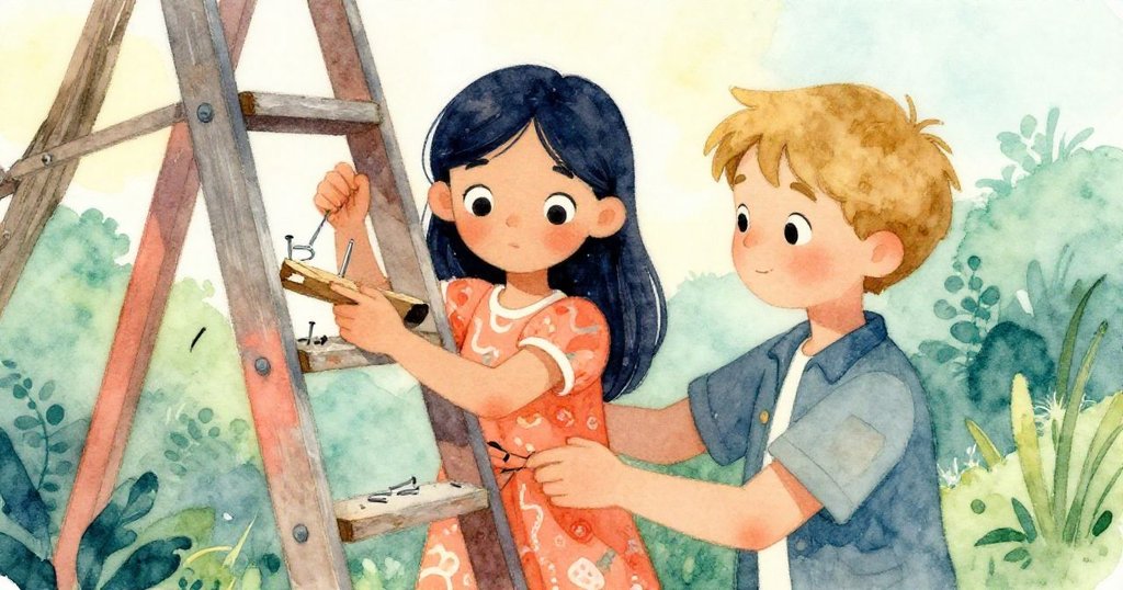 米拉與喬納斯協作修補破梯，喬納斯舉木板，米拉屈身拾釘，共同努力展現堅定與溫暖夕光。