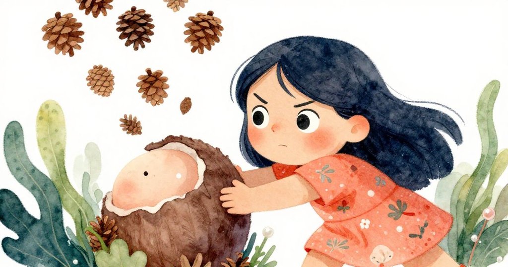 米拉用力撬動脹大的艙門，松果隨之落下，臉上堅毅決心躍然展現，氣氛充滿動感與張力。