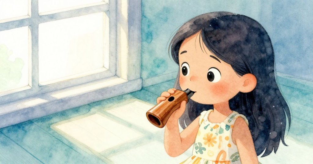 米拉蹲在彩繪地板上發現精緻鳥哨，依窗靜聽樹葉沙沙聲，神情寧靜中透露出溫柔驚奇。