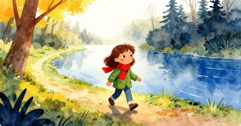 米拉在晨霧籠罩的河邊青苔小徑上調整鏡頭,神情堅定,展現冒險旅程開端與寧靜自然的氛圍。