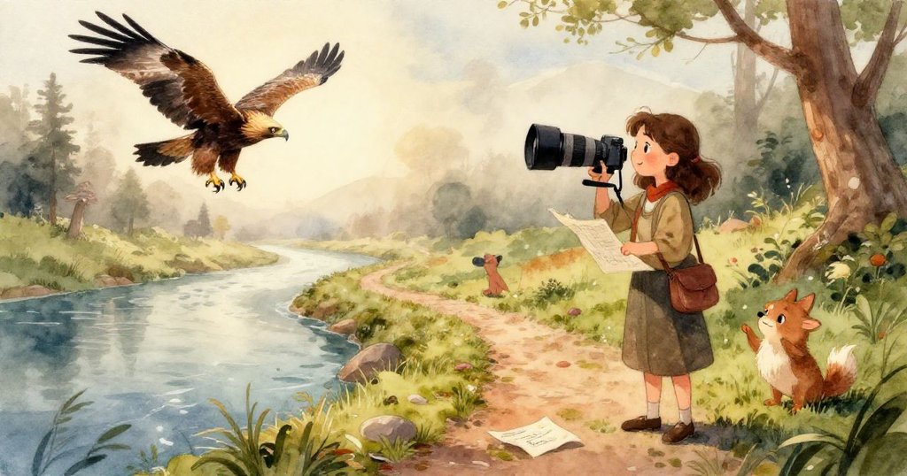 米拉專注地用雙手調整相機,露珠在按鈕上閃爍,光影細膩呈現冒險初期的溫馨細節。