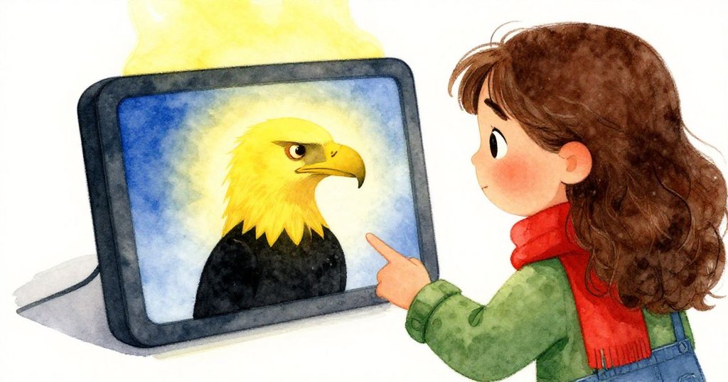 米拉仔細檢視相機螢幕,金鵰剪影映現其中,她驚喜與希望交織,彰顯冒險中關鍵突破。