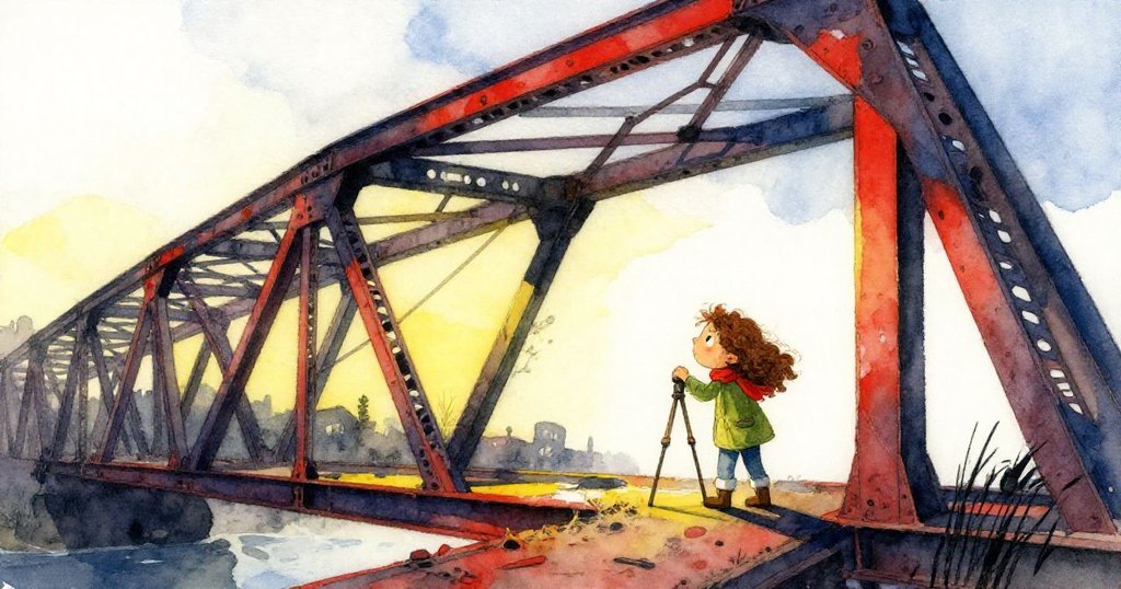 米拉在被苔蘚覆蓋的廢棄鐵橋上設置腳架,背景結構扭曲超現實,展現堅定探索與時間交錯的奇幻情境。