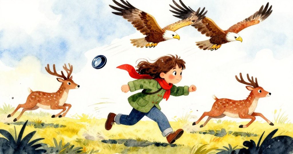 米拉急忙追逐掉落鏡頭蓋,鹿群奔逃、金鵰掠過鐵軌,動態瞬間展現緊張與興奮的冒險情節。