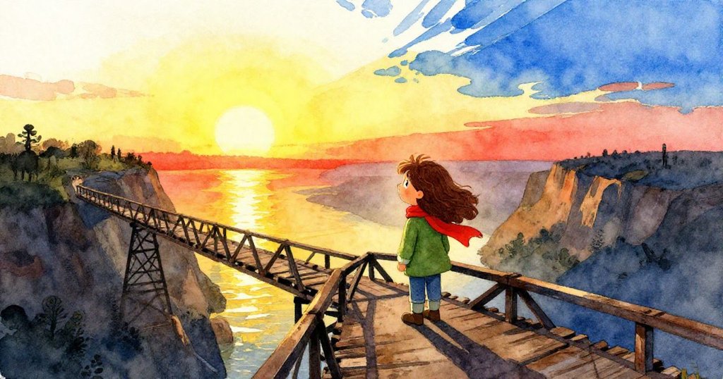 米拉在夕陽映照下站於廢棄鐵橋上,望向沉靜谷地,她的身影象徵冒險結束後的平靜與成長。