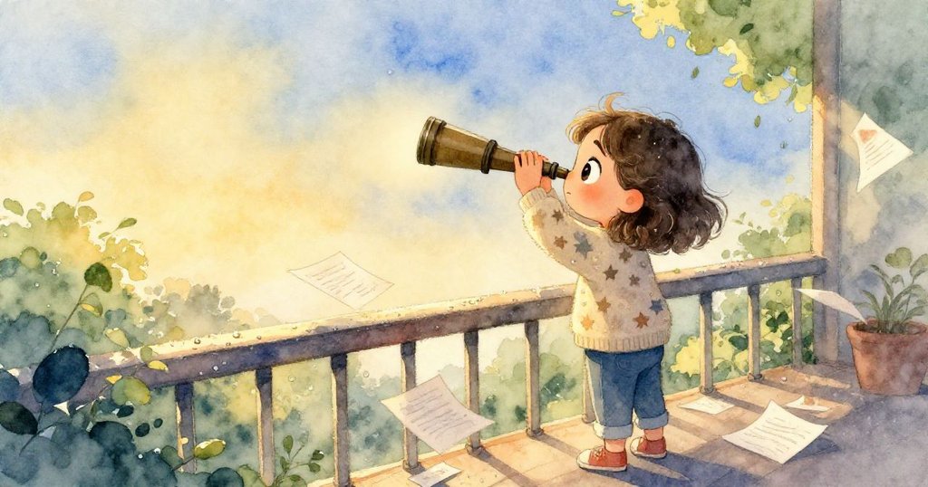 Mira在露台上調整望遠鏡,銀露映襯下筆記散落,晨光中展現期待與專注,準備迎接星空之旅。