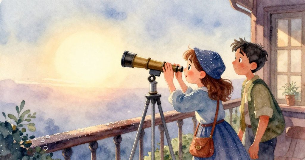 Mira用柔布仔細擦拭望遠鏡鏡面,露水閃爍,手部動作專注細膩,呈現堅持與期待。