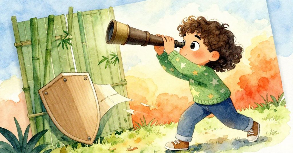 Mira調整望遠鏡焦距,紙板遮光在微風中飄動,露台竹屏襯托下展現動感與期待。