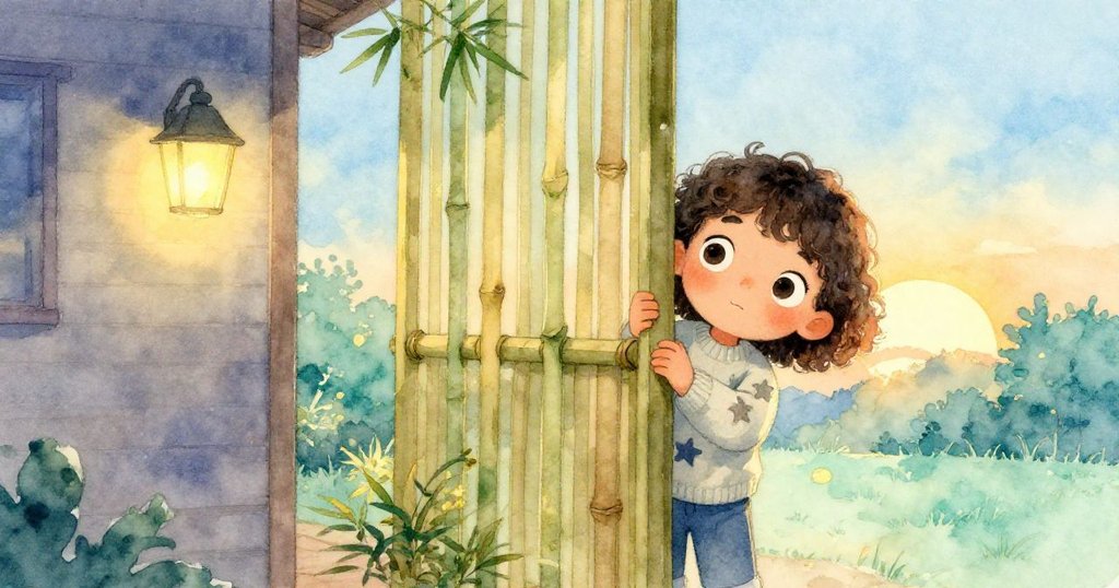 Mira透過竹屏觀望,左側鄰居燈光刺眼,右側日出金光漸現,呈現夢幻與現實交錯的瞬間。